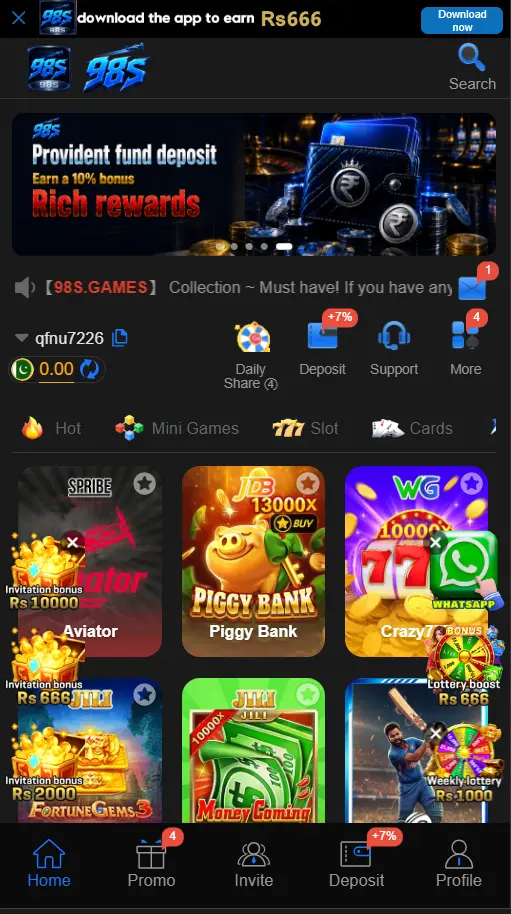 98s games app home screen showing mini games and daily share bonus tab
