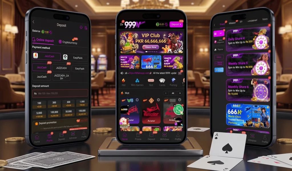 A three-screen smartphone mockup of the 999V Game application showing the main game lobby, the daily mission rewards and promotions page, and the secure deposit screen featuring local Pakistani e-wallets.