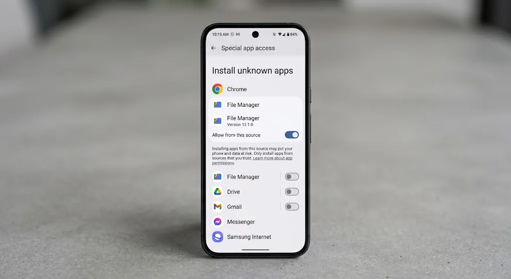 Android security settings interface showing the toggle for installing unknown casino APK download from a mobile browser.