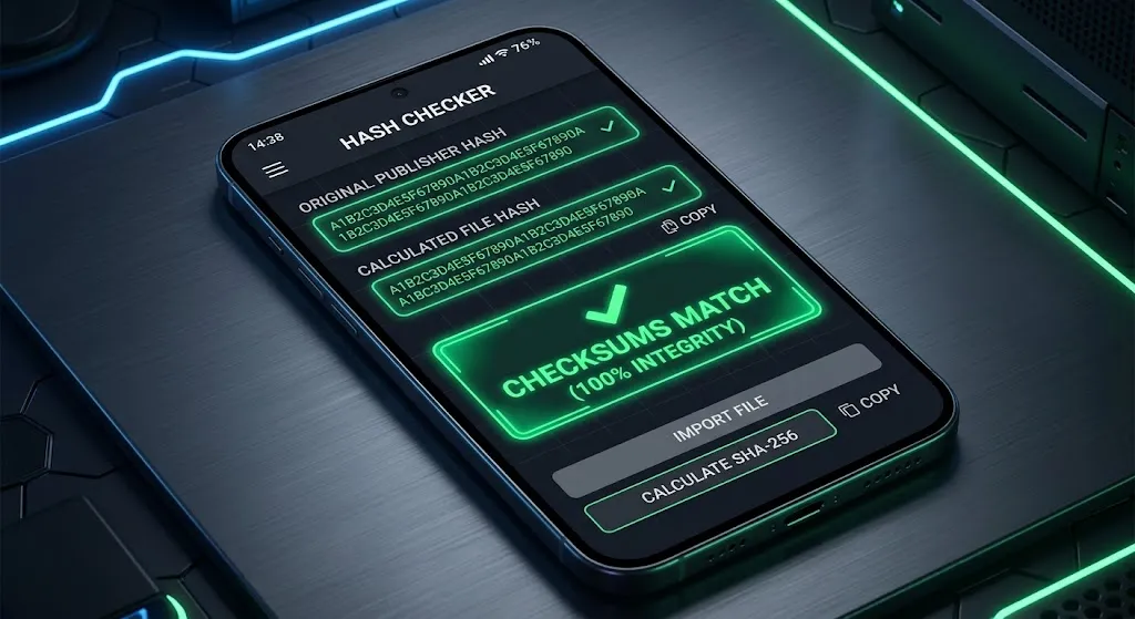 Mobile hash calculator app comparing the developer SHA-256 checksum with the download APK casino file hash.