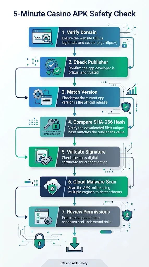 Step-by-step flowchart infographic outlining the 7-stage APK safety verification process before installation.