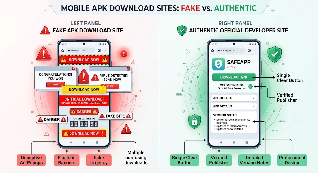 Visual comparison showing a fake APK website filled with deceptive download ads versus an authentic official download page.
